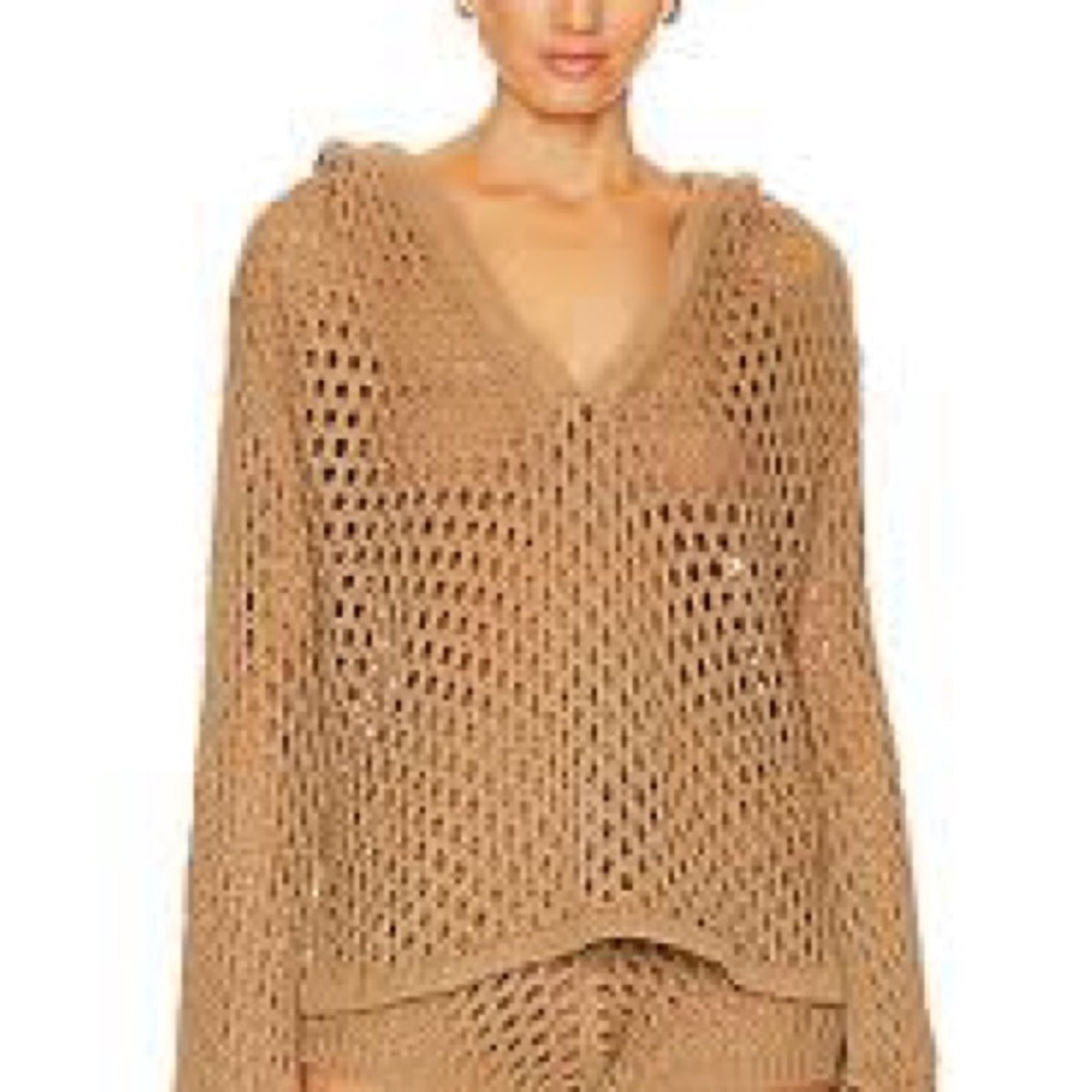 MISA Shamani Hoodie in Mocha Open Knit V-Neck Sweater Hoodie in Camel Medium